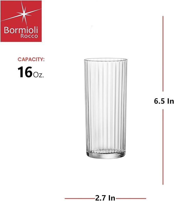Bormioli Rocco Exclusiva Tom Collins Glasses - Set of 12, Laser Cut Thin Rim, Secure Edge Thermal Strong Rims - 16oz Star Glass Tumblers for Cocktails, Water & Beverages, Made in Italy, Lead-Free