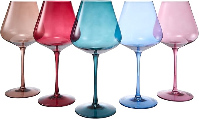 Khen Flower Blooms Colored Crystal Wine Glass Set of 5, Large 20 OZ Glasses, Color Blooms Unique Italian Style Tall Stemmed Drinkware for Red & White Wine, Water Dinner Gift, Beautiful Gifts Glassware