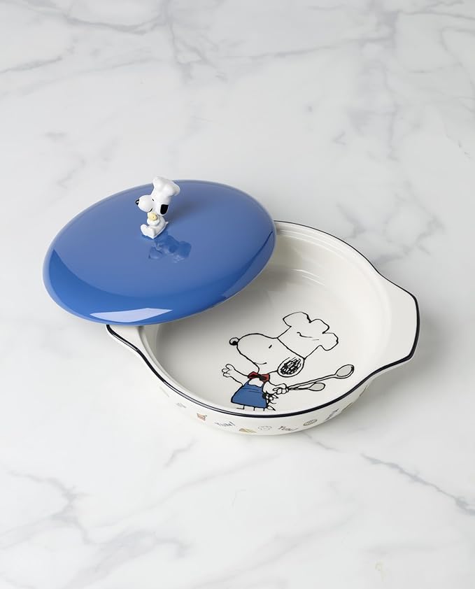 Lenox Home And Kitchen, Chef Snoopy Covered Casserole Dish, Porcelain Material, Dishwasher Safe, Kitchen, Baking Dish For Oven, Oven Safe Upto 350 Degrees, Snoopy Design (Blue And White, 1 Piece)