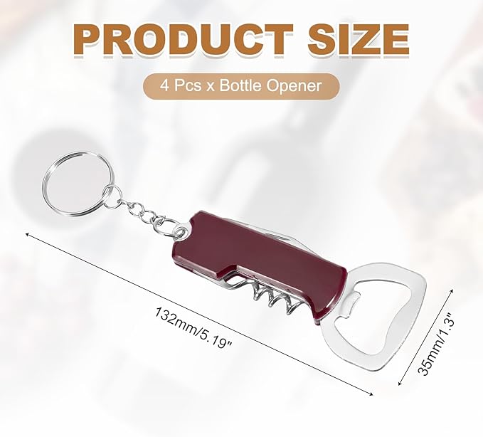 uxcell 4 Pcs Wine Opener, Bottle Opener Keychain, Durable Stainless Steel Waiter's Corkscrew, Compact All-In-One Home Bar Tool for Bar, Party, Wedding, Home, Travel, Dark Red