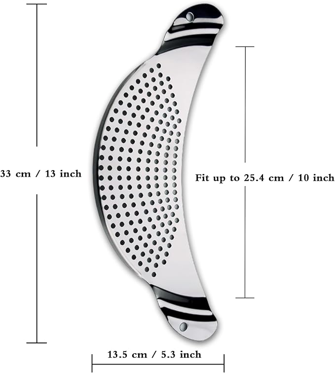 TJ POP Pot Strainer Stainless Steel, Pasta Strainer, Premium Metal Food Strainer for Noodles Fruit Veggies, Suitable for Pots or Containers Up to 10 Inches