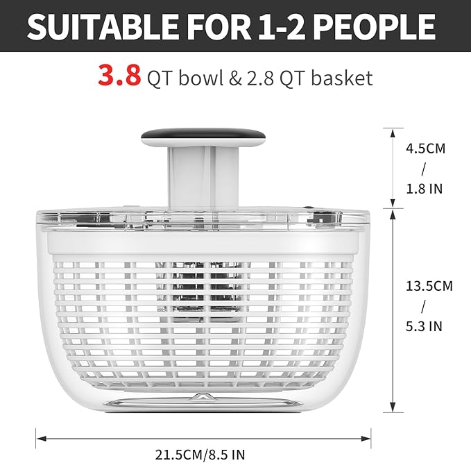 Smile mom Salad Spinner Small Lettuce Spinner Kitchen Gadgets Vegetable Washer, High Efficiency for Home Kitchen Washing & Drying Leafy Vegetables, One-Handed Handle Easy Press 3.8 Qt White
