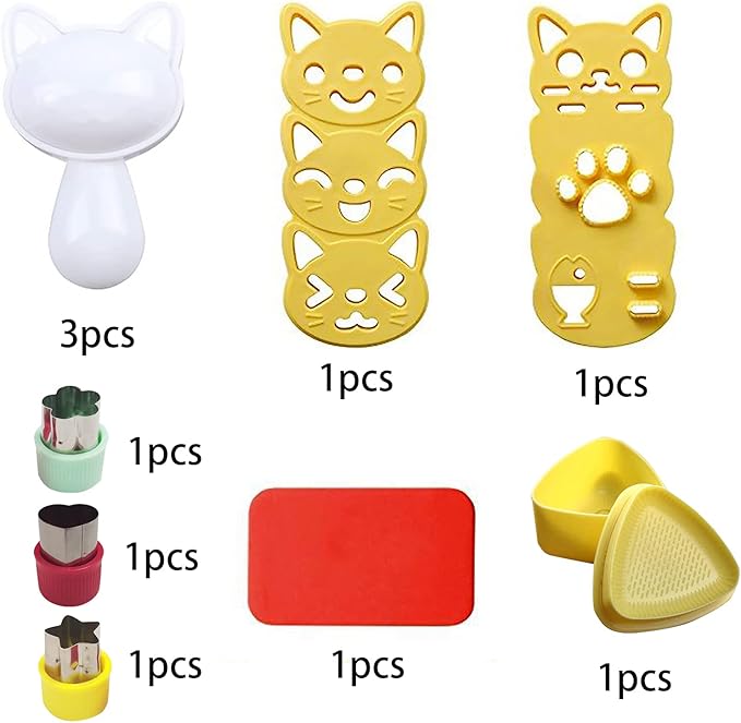 Cute Cat Rice Ball Molds 6 Sets Sushi Molds Bento Accessories Kits with 3PCS Vegetable Fruit Cutter Shapes and 1PC Gimbap Mold Triangle for Nori Rice Making DIY Bento Box Picnic Tools