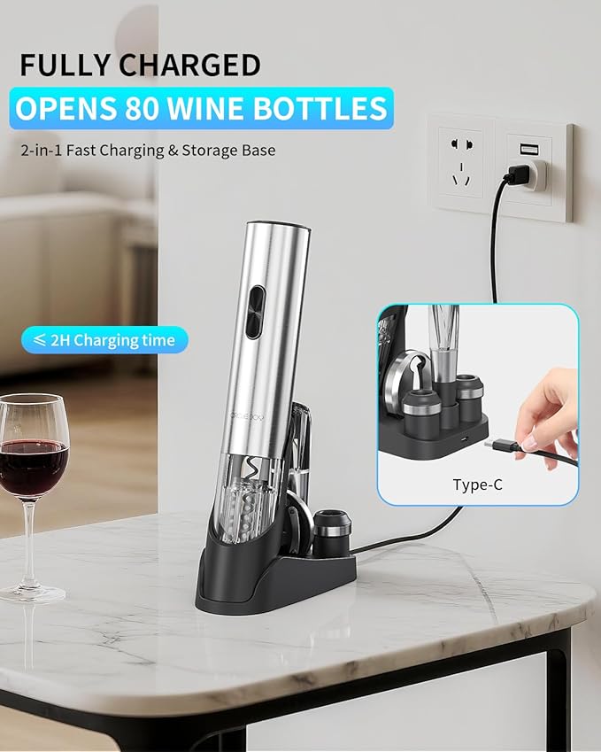 CIRCLE JOY Electric Wine Opener 7-in-1 Stainless Steel Rechargeable Electric Wine Bottle Opener Gift Set with Automatic Vacuum Pump, Foil Cutter, Wine Pourer, 2 Vacuum Stoppers & Charging Station