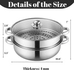 ZENFUN Steamer Pot With Lid 2 Tier, Multipurpose Stainless Steel Steaming Pot, Steam Pots With Handle For Vegetable, Dumpling, Food, 11 Inch（Thickened）