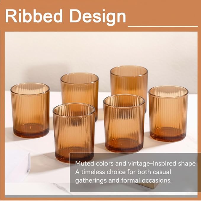 Physkoa Brown Ribbed Drinking Glasses Set of 6 – 9oz Vintage Amber Brown Glassware, Embossed Ribbed Tumbler Cups for Whiskey, Juice, Water, Cocktail
