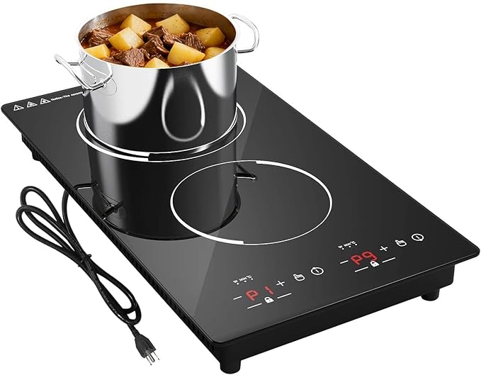 12“ Induction Cooktop, Double Induction Cooktop 2 Burner 110v-120v Electric Stove Top, Countertop and Built-in, 9 Power Levels, Child Lock, 120 Mins Timer