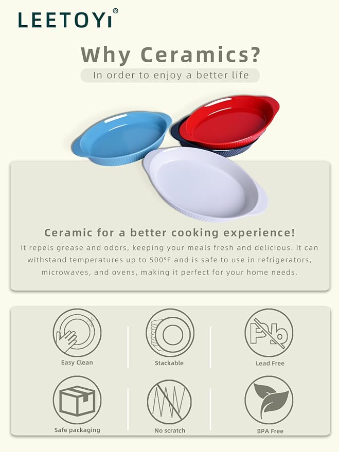 LEETOYI Porcelain 9x13 Large Oval Au Gratin Pans,Baking Dish for Servings, Bakeware with Double Handle for Kitchen and Home, Turquoise