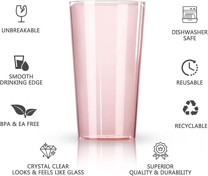 Liacere Plastic Drinking Glasses Set of 12-18oz Highball Pink Reusable Plastic Glasses Colors, Water Glasses Cups,Tumbler Glassware Set for Beer, Juice, Cocktail, Milk for Mother's Day Valentine’s Day