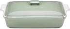 ROSSALLINI Stoneware Casserole Dish Bakeware Set with Lid, Covered Rectangular Dinnerware, Large 3.2 Quart, 11 by 9 Inch, Verde Salvia [Sage Green]
