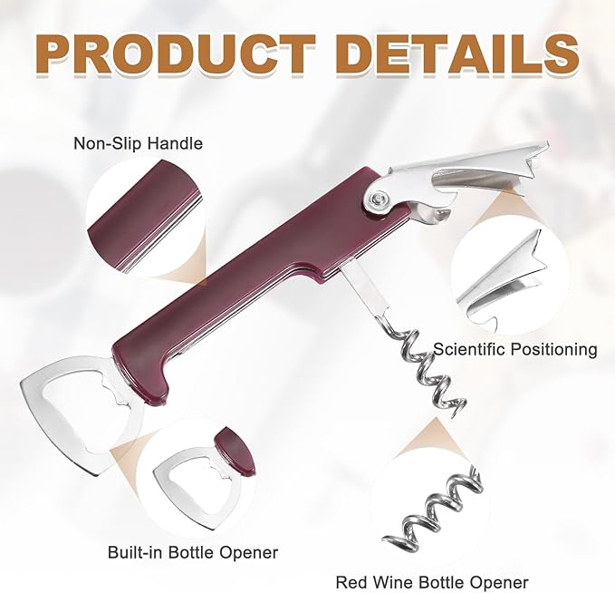 uxcell Wine Opener, Bottle Opener, Durable Stainless Steel Waiter's Corkscrew, Compact All-In-One Home Bar Tool for Bar, Party, Wedding, Home, Travel, Dark Red