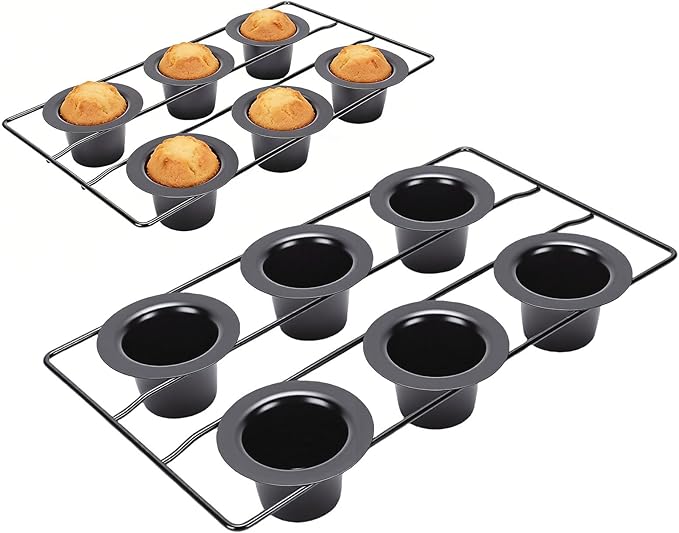 Aramox 6 Cup Popover Pan for Baking, Non Stick Carbon Steel, Deep Tapered Cups with Wire Rack, 22.5x40.5x5.5cm/8.9x15.9x2.2in