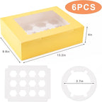 Hoewina 6PCS Cupcake Boxes - Hold 12 Count Cupcake Containers with Window, Food Grade Cupcake Holder Easy Transport and Presentation - Ideal for Cupcakes, Desserts, and More (Yellow)