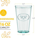Amici Home Bee Hiball Glass | 16 Oz | Italian Made, Recycled Glass with Green Tint | Drinking Glass with Embossed Bee Design for Water, Juice, Cocktails (Set of 6)