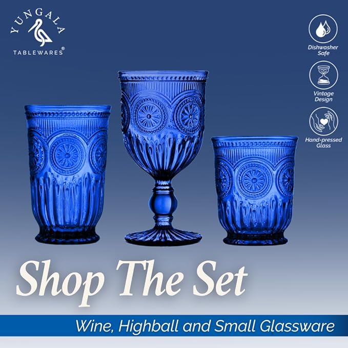 Yungala Cobalt Wine Glasses Set of 6 Goblets - Handcrafted Vintage Glassware with Sunflower Motif, Dishwasher Safe Cobalt Blue Glassware