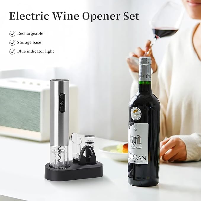 Electric Wine Opener Set by ELMWAY - Rechargeable Corkscrew Bottle Opener with Base/Wine Aerator Pourer/Foil Cutter/Wine Stopper/LED Light/Stainless Steel Shell, Gift for Wine Lover - Silver