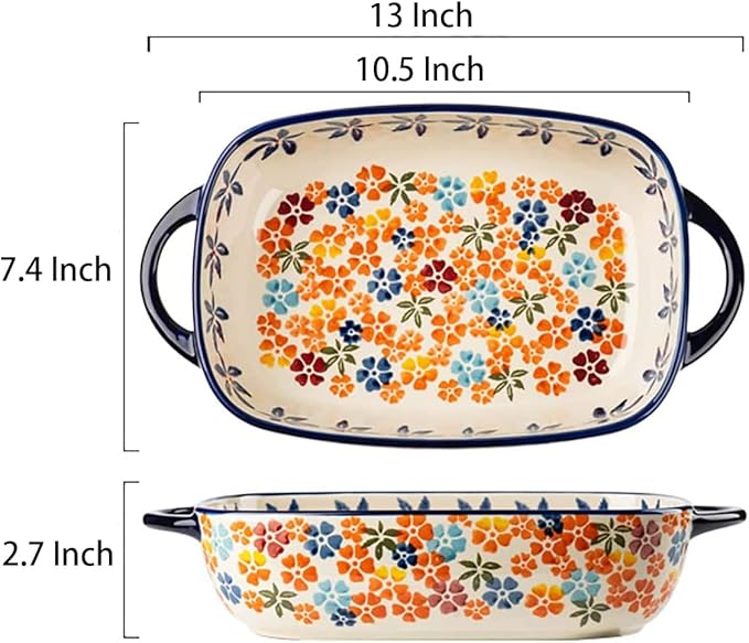 Colorful Cherry Blossom Flowers Vintage Style Ceramic Bakeware Dish Casserole Dish Baking Pan Lasagna Pans with Handles for Oven/Cooking/Kitchen, 1 PCS, 60 oz