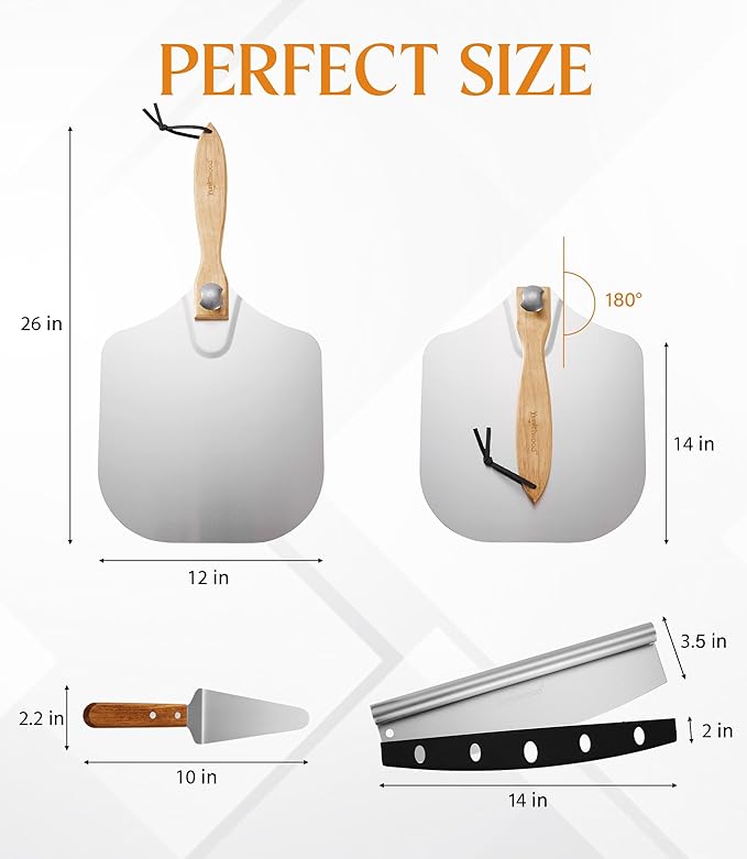 Pizza Peel 12-Inch Aluminum Pizza Paddle & Spatula with Pizza Cutter Rocker, Foldable Wood Handle – Pizza Server for Baking Homemade Bread, Pastry & Dough, for Family Pizza Oven