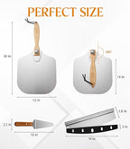 Pizza Peel 12-Inch Aluminum Pizza Paddle & Spatula with Pizza Cutter Rocker, Foldable Wood Handle – Pizza Server for Baking Homemade Bread, Pastry & Dough, for Family Pizza Oven