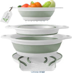 Gevoli Collapsible Colanders (3 Pack Set) Food Strainers with Over-Sink Water Draining Base for Pasta Fruits and Vegetables, White/Sage (3 Sizes, 3QT, 4QT and 5 Quart)