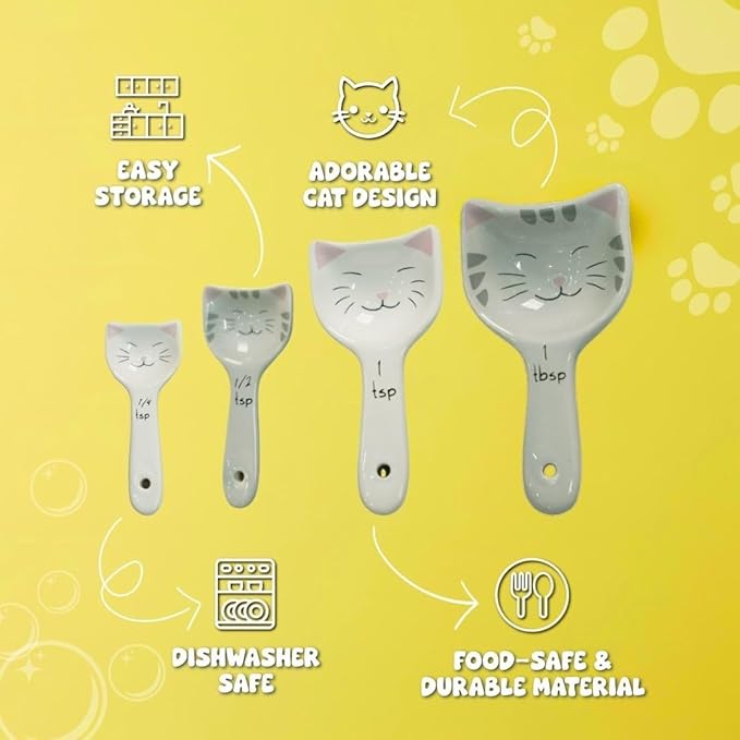 Cute Cat Measuring Spoons Set with Ribbon, Cute Cat Gifts for Women, Cat Themed Kitchen Accessories for Cat Baking Supplies, Ceramic Measuring Spoons for Cat Lover, Baking Gifts for Women (Set of 5)