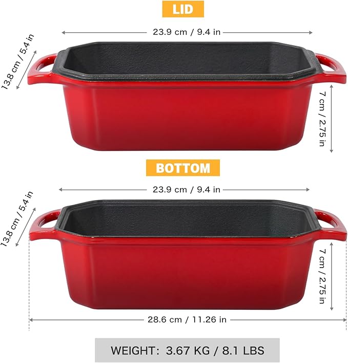 Flavehc Bread Pan Cast Iron Loaf Pan with Lid Bread Loaf Pan 8.5x4.5 Inch Loaf Pan Enameled Cast Iron Sourdough Loaf Pan, Red