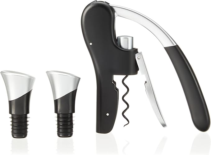 True Lever Corkscrew Manual Stoppers Top-Notch Cork Bottle Opener with Ergonomic Handle and Wine Preserver, Set of 3, Black