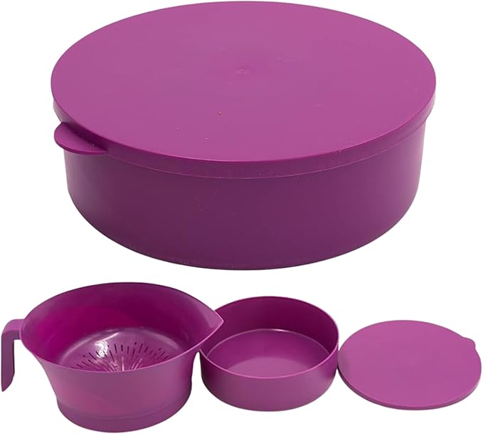 3-Piece Colander Grease Strainer Set – Purple Grease Separator with Handle, Container & Lid – Strains Bacon, Pasta, Ground Beef – BPA-Free Kitchen Gadget