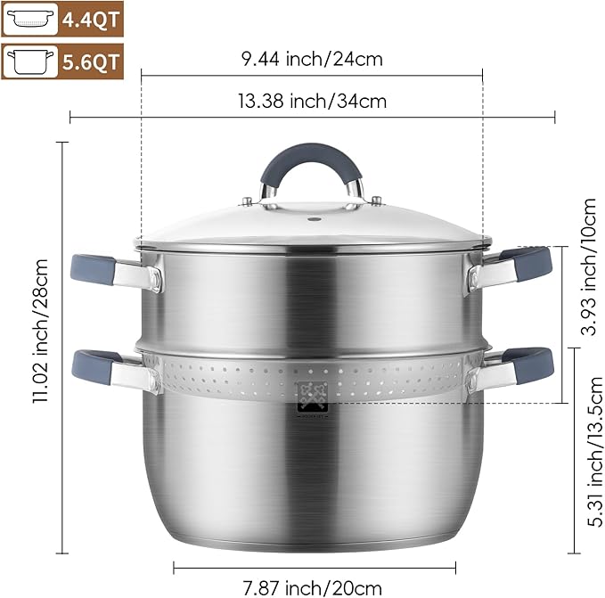 GOLDEN KEY 5.6 QT Steamer Pot with Lid,2-Tier Multipurpose 18/8 Steamer for Cooking with Vegetable Steam Basket for Vegetable,Soup, Seafood,Dumplings,Oven & Dishwasher Safe