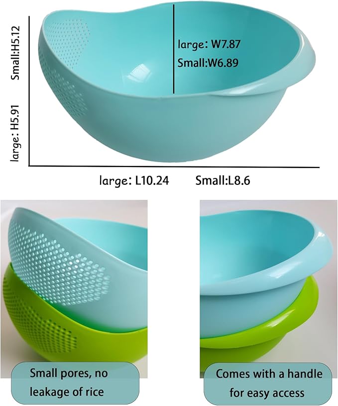 2-in-1 Rice Colander, Vegetable and Fruit Cleaning Filter Basket, 2Piece Sturdy and Easy-To-Use Food Grade Kitchen Tool Accessories (green, Small)