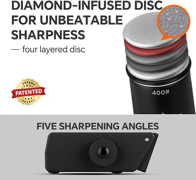 The Innovative Knife Sharpener - Patented Multi-Angle Premium Rolling Knife Sharpener with Extra Replacement Head for Chef's, Fruit, and All Steel Knives (Black)