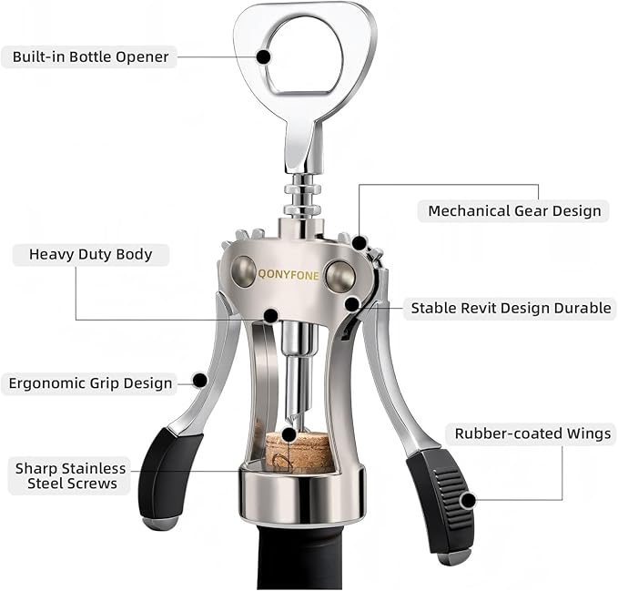 Wing Corkscrew Wine Opener, Premium Zinc Alloy Manual Bottle Opener, Heavy Duty Multifunctional Tool for Kitchen, Bar, Restaurant & Waiters (Matte Silver)