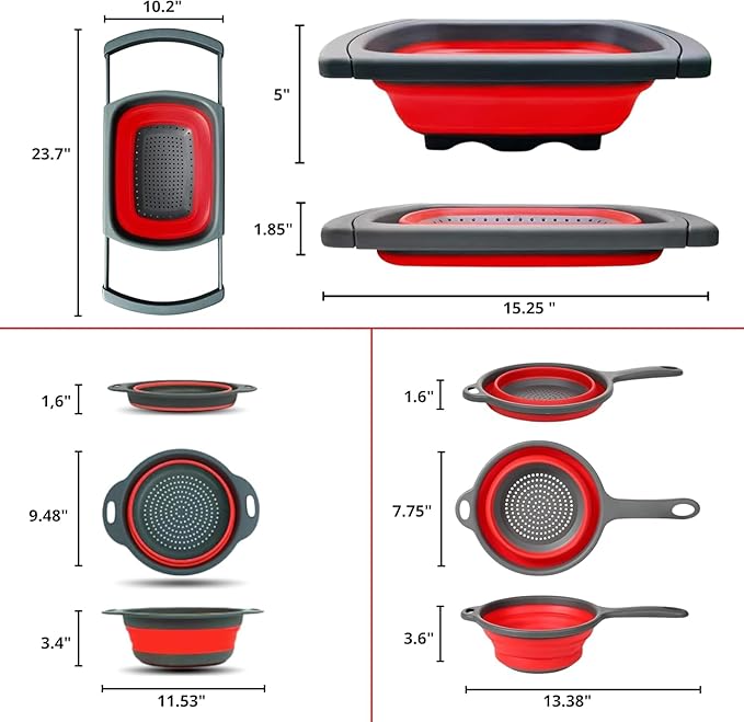 Set of 3 Red Silicone Plastic Kitchen Colanders – Folding Sizes Silicone Collapsible Colander Set Red Plastic Foldable Strainer for Pasta Vegetables Camping Kitchen
