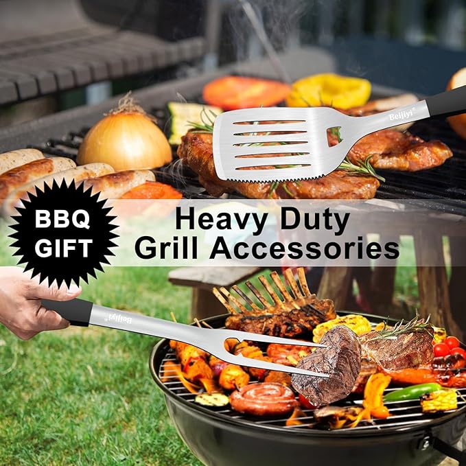 Beijiyi 2-Piece Heavy Duty BBQ Grill Tools Set, Professional Stainless Steel Grilling Spatula & Fork with Full Tang Silicone Handle, Outdoor Grill Accessories for Barbecue Cooking