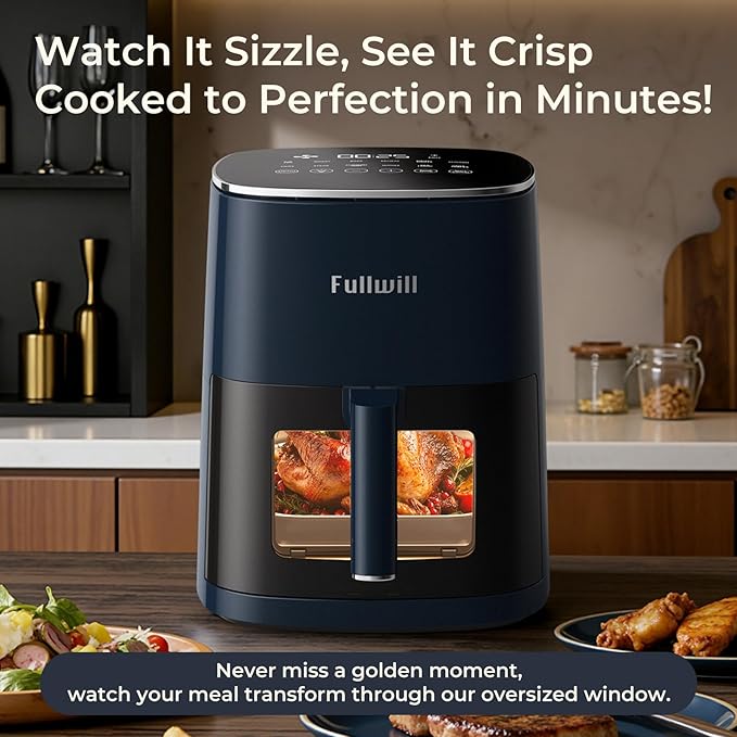 Fullwill 6QT Air Fryer with Viewing Window,12-in-1 Multi-Function Air Fry,Roast,Bake, Dehydrate, Fries,Nonstick and Dishwasher-Safe Basket,Family&friends Party,Max 400℉ Crisping 1700W,Blue