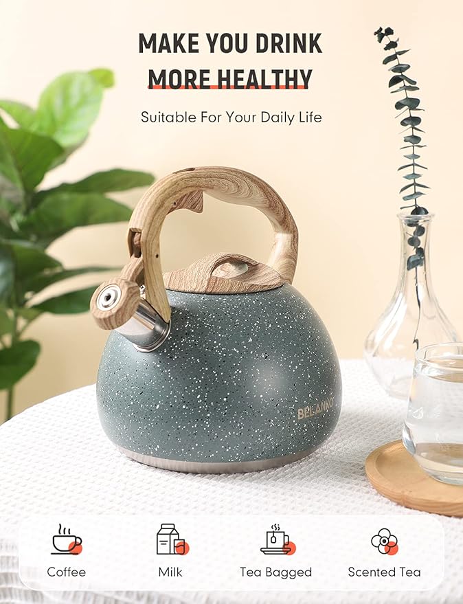 BELANKO 2.7 Quart Tea Kettle for Stovetops - Food Grade Stainless Steel Teapot with Loud Whistle, Cool-Touch Wood Pattern Handle, Rust-Resistant Whistling Kettle - Starry Green