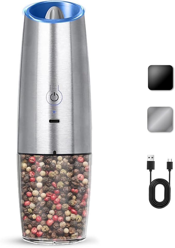 Rechargeable Electric Salt And Pepper Grinder Set, Automatic Gravity Electric Salt And Pepper Grinder Set, Adjustable Roughness, Led Light, 1 Pack, (Silver)