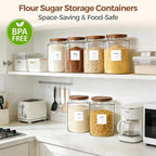 ComSaf 2Pcs (4.2Qt) Wide-Mouth Flour Sugar Storage Containers - Include Scoops & Labels, Easy to Scoop & Airtight, Large Glass Jar for Bakers to Store Bulk Flour, Rice, and Dry Goods in Kitchen Pantry