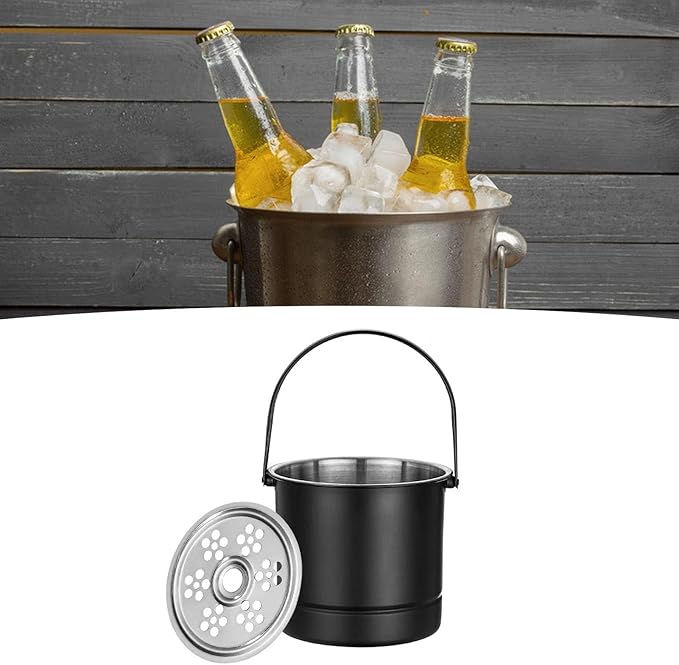 Ice Bucket Wine Cooler Bucket Stainless Steel Wine Chiller Handles Filter Plate Parties Gold (Black)