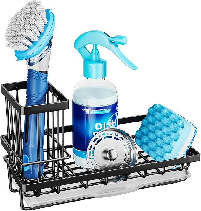 Consumest Sponge Holder for Kitchen Sink - Kitchen Sink Caddy Organizer with Removable Drip Tray for Countertop Dish Soap Dispenser Brush Storage Accessories 304 Stainless Steel - Black