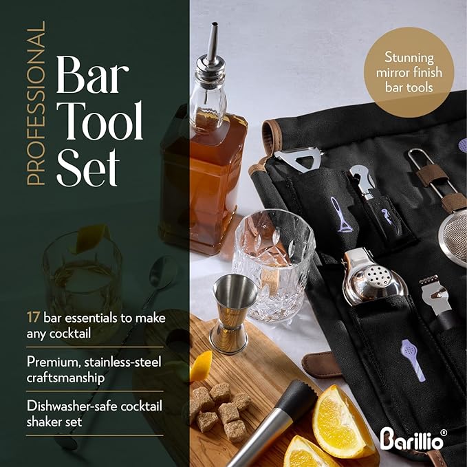 Barillio Bartender Kit Bag with Cocktail Shaker Set - Waxed Canvas, Traveling Bar Tools Bag with 17-Pc Cocktail Kit - Travel Mixology Bartending Kits - Mobile Bar Roll with Strap & Accessories