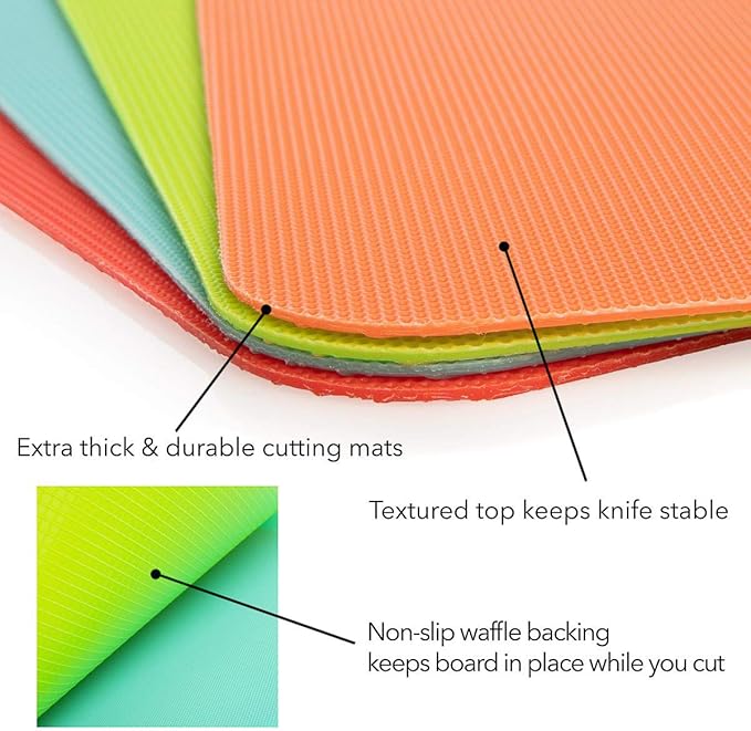 Simply Genius Flexible Cutting Board Set - Color-Coded Plastic Cutting Board Mats - Dishwasher-Safe Chopping Surfaces - Space-Saving Kitchen Mat Storage - 4-Pack Multicolor 11.5 x 15 in
