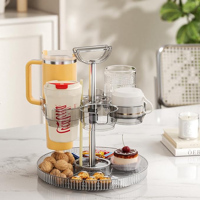 Rotating Coffee Bar Accessories Organizer, 2-Tier Lazy Susan Cup Holder for Stanley 40oz Tumbler with Handle, Countertop Drying Rack Station with Divided Tray for K-Cups, Snacks & Mugs