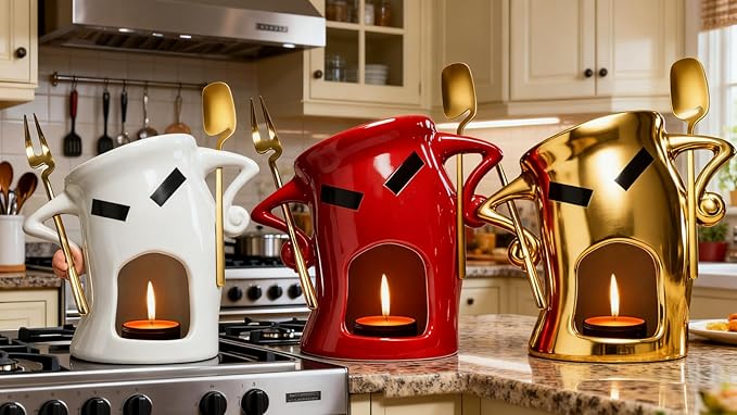 Ceramic Fondue Cup Set w/Built-In Fork & Spoon - Mini Chocolate/Cheese Fondue Mug | Microwave & Dishwasher Safe | Compact Gift-Ready (Gold)