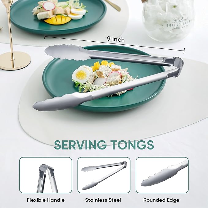 12 pieces Buffet Tongs 9'' Inches Serving Tongs Heavy Duty Stainless steel Kitchen and BBQ Utility Tong (Silver, 9inch)