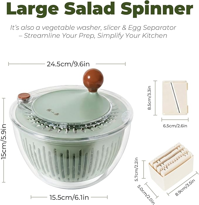 Salad Spinner Large with 5-Blade Slicer & Egg Yolk Strainer, Multifunctional Vegetable Fruit Washing Bowl 4.3 Qt for Efficient Kitchen Washing Drying & Shredding