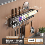 Hanging Wall Mount Knife Wall Mount,Kitchen Utensil Hanger,Space-Saving Kitchen Utensil Rack with Hooks,Kitchen Storage Shelf for Utensils Spatula Spoon, Easy to Clean (Grey, 40CM+8Hook)