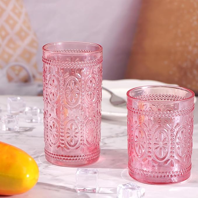 Darlion Pink Glassware Set of 4, Vintage Drinking Glasses, Colored Glassware Drinking, Highball Embossed Beverage Glasses Cup for Party Wedding Home Office and Gift (2pcs12oz+2pcs10oz