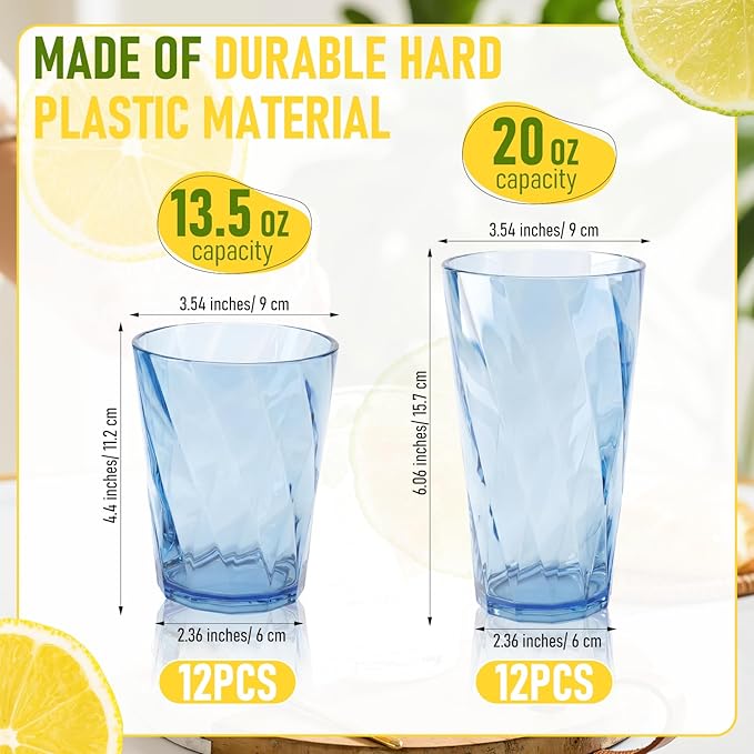 LemonRoad 24 Pack Reusable Plastic Drinking Glasses Set - 20oz & 13.5oz Stackable Tumbler, Shatter-resistant Highball Cups for Water, Cocktail, Iced Coffee, Indoor Outdoor Use, BBQ, Patio, Pool (Blue)