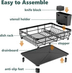 AIDERLY Iron Dish Drying Rack with Drainboard Dish Drainers for Kitchen Counter Extendable Spout Strainers with Utensil Holder and Knife Slots, Black